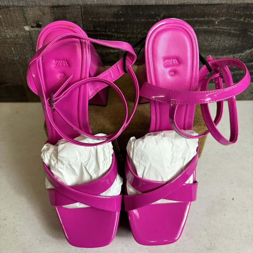 Zara Fuschia Pink Strappy Chunky Platform Heel Sandals
